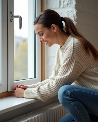 Femme examine l'isolation de la fenetre dans un appartement