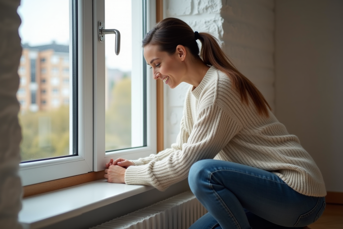 femme-isolation-fenetre Femme examine l'isolation de la fenetre dans un appartement