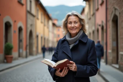 Femme italienne en manteau navy devant Urbino