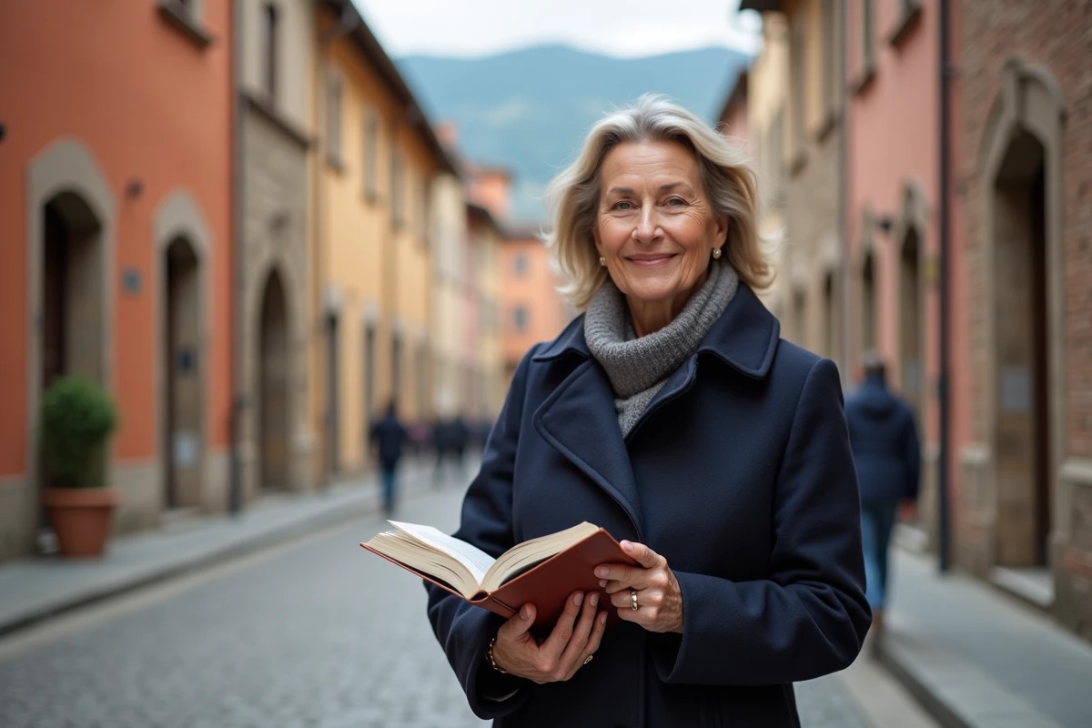 Femme italienne en manteau navy devant Urbino