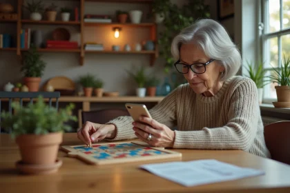 Femme d'âge moyen jouant au Scrabble avec smartphone dans un intérieur chaleureux