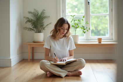Jeune femme en journaling dans un salon minimaliste