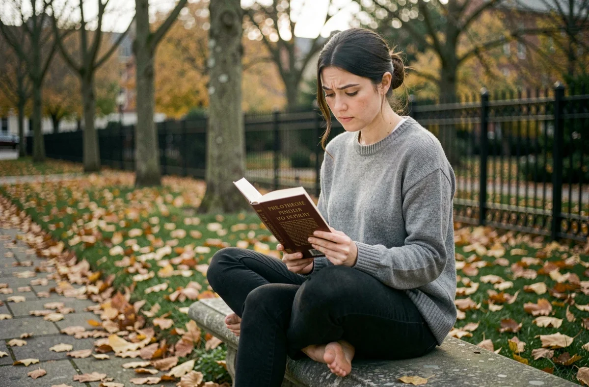 Jeune femme lisant un livre de philosophie sur un banc de parc en automne, symbolisant la réflexion sur Schopenhauer et Nietzsche