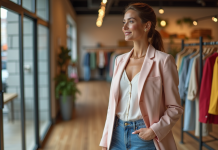 Cible de Promod : les femmes tendance à viser en priorité pour la marque Femme élégante en blazer pastel dans une boutique mode