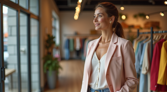 Femme élégante en blazer pastel dans une boutique mode