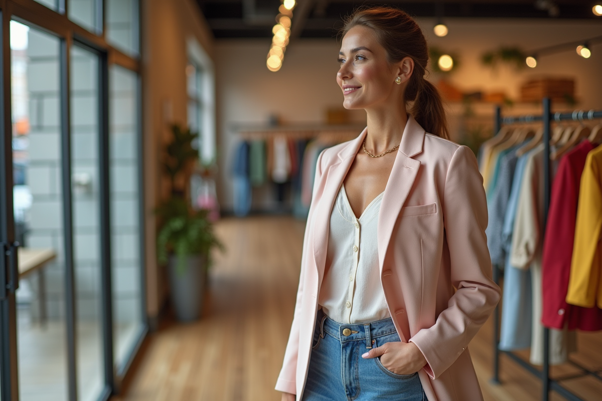 Femme élégante en blazer pastel dans une boutique mode