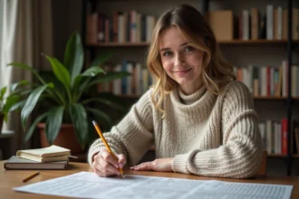 Femme concentrée remplissant une grille de mots croisés imprimée sur un bureau en bois dans un bureau à domicile chaleureux
