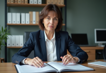 Femme en blazer navy organisant des dossiers au bureau