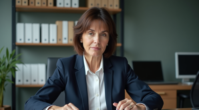 Femme en blazer navy organisant des dossiers au bureau