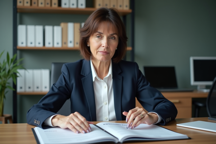 Femme en blazer navy organisant des dossiers au bureau