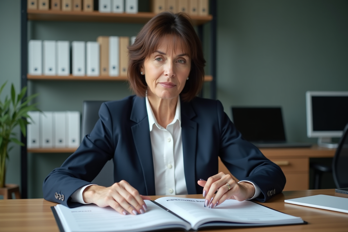 Femme en blazer navy organisant des dossiers au bureau