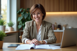 Femme organisée vérifiant ses dépenses à la maison