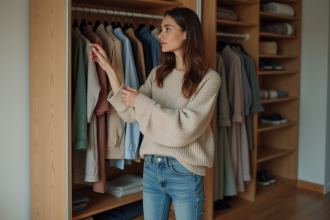 Femme organisée regardant son placard dans une chambre moderne