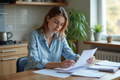 Jeune femme organise ses papiers dans une cuisine moderne