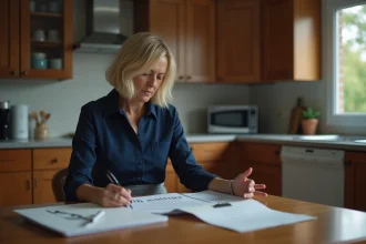 Femme nervouse examinant des papiers officiels dans la cuisine