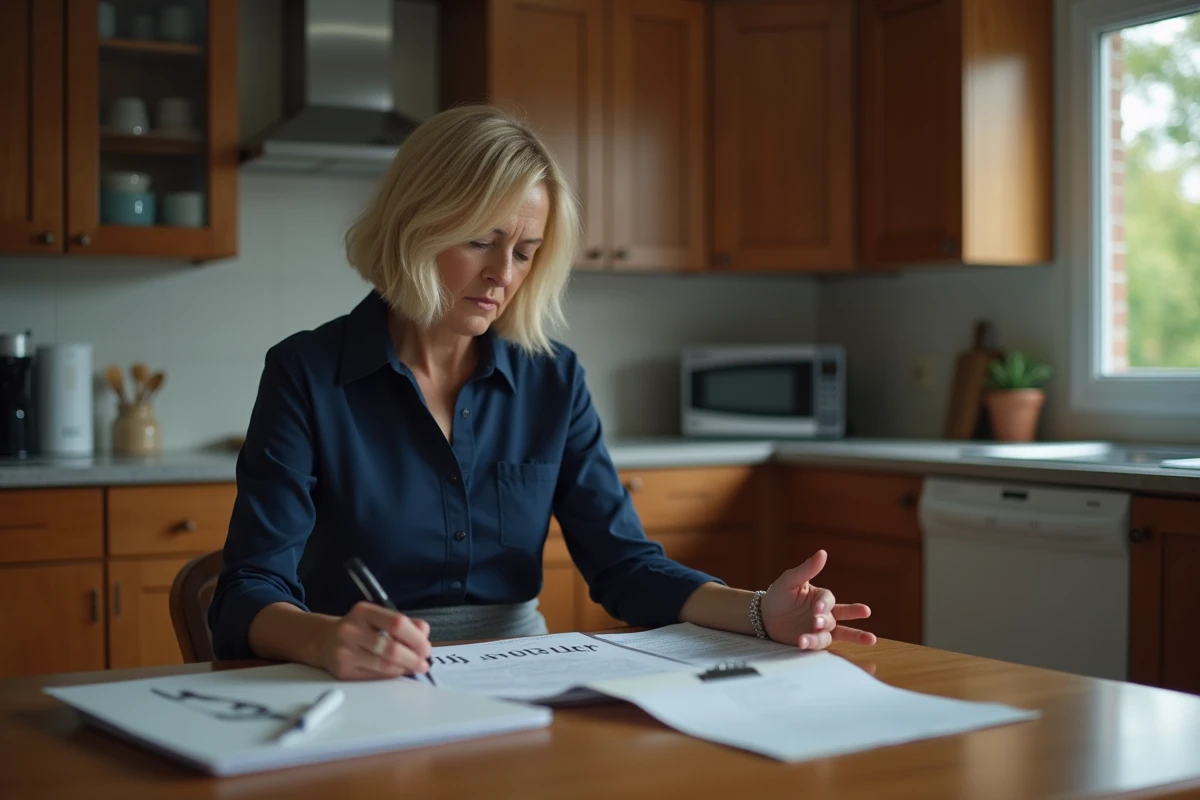 Femme nervouse examinant des papiers officiels dans la cuisine