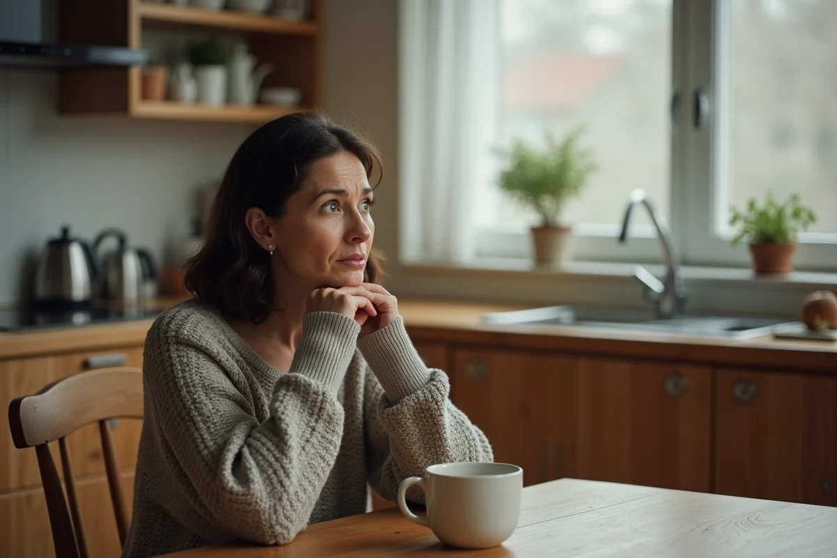 Femme pensive attablée dans sa cuisine tenant une tasse de thé, exprimant une réflexion sur la confiance et les rêves anxieux