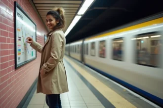 Femme consultant le plan du métro de Toulouse sur le quai d'une station pour optimiser son trajet