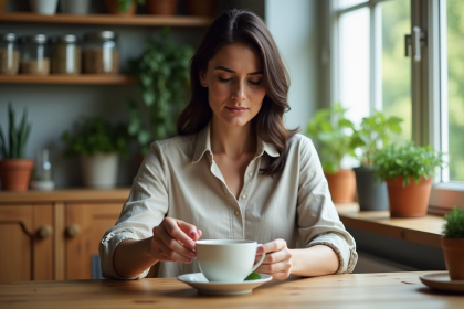 Femme préparant une infusion de menthe dans la cuisine