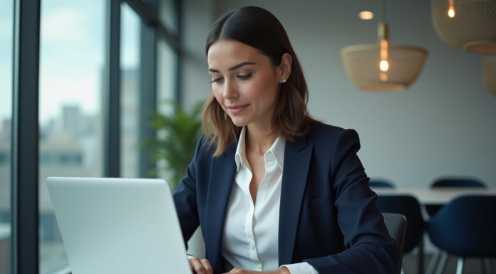 Femme professionnelle concentrée sur son ordinateur au bureau