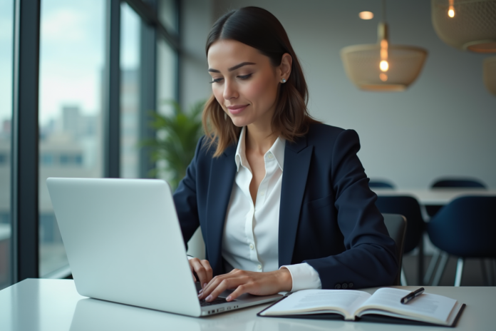 femme-professionnelle-bureau Femme professionnelle concentrée sur son ordinateur au bureau