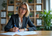 Femme d affaires en réunion dessinant un diagramme