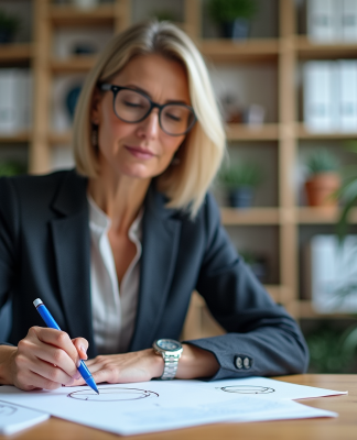 Femme d affaires en réunion dessinant un diagramme