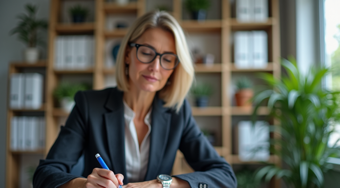 Femme d affaires en réunion dessinant un diagramme