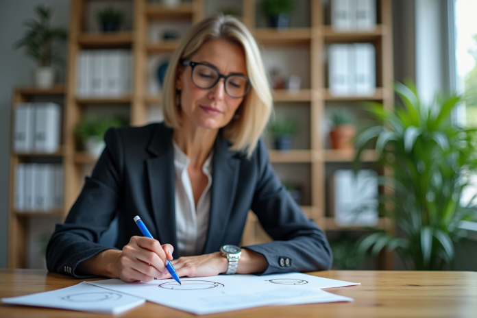 Femme d affaires en réunion dessinant un diagramme
