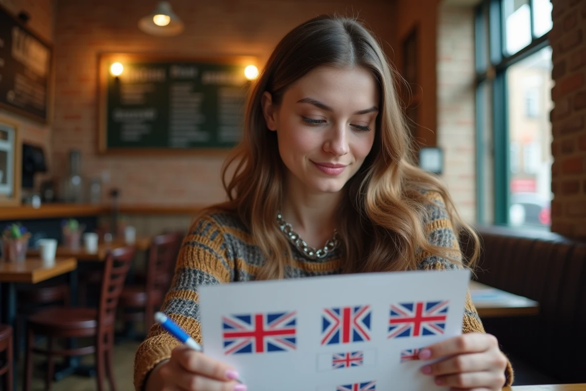 Jeune femme répondant à un quiz sur les drapeaux du Royaume-Uni dans un café britannique