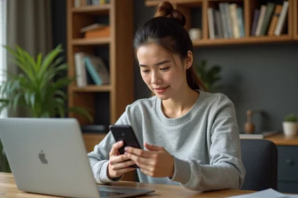 Femme consultant son smartphone à son bureau pour retrouver un numéro de portable de manière éthique et respectueuse de la vie privée