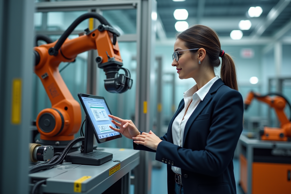 Jeune femme ajustant une interface sur un bras robotique industriel