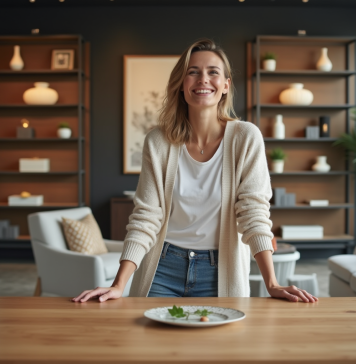 Meilleur moment pour acheter des meubles : conseils déco et bonnes affaires Femme souriante examinant une table en chene moderne