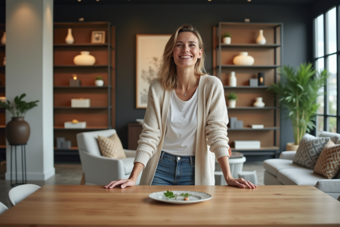 Femme souriante examinant une table en chene moderne
