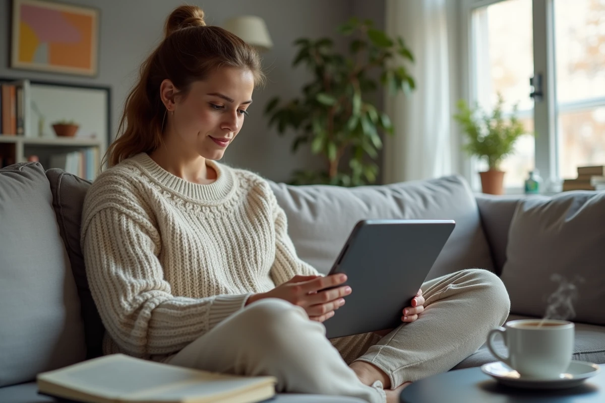 Jeune femme concentrée sur une tablette dans son salon