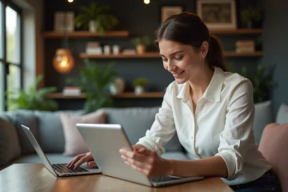 Jeune femme compare deux tablettes dans un salon cosy