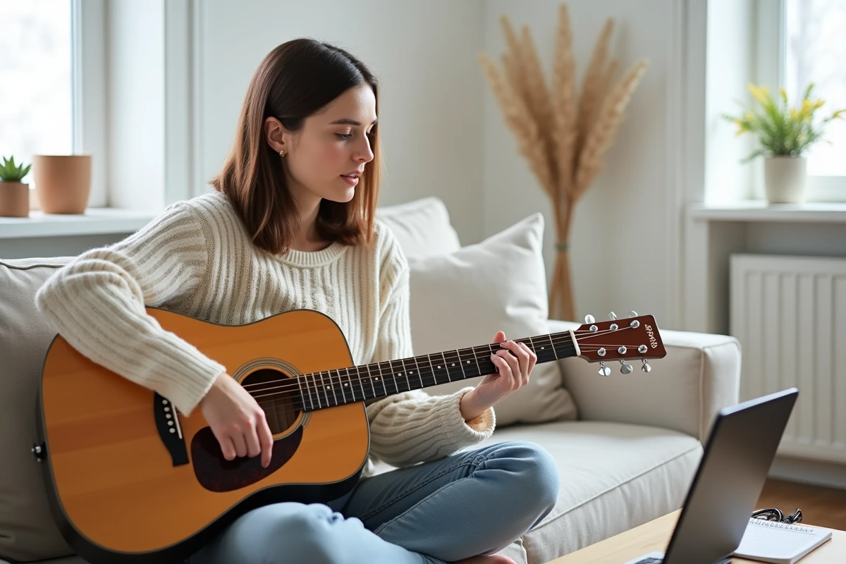 Femme apprenant les accords de guitare de Je Te Promets avec un tutoriel vidéo sur tablette dans un salon moderne et lumineux