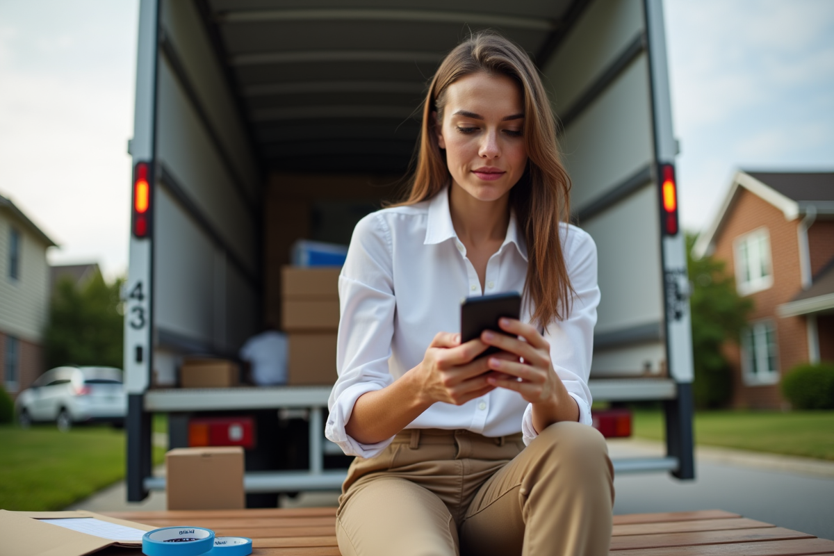 Jeune femme vérifiant une checklist dans un camion de déménagement