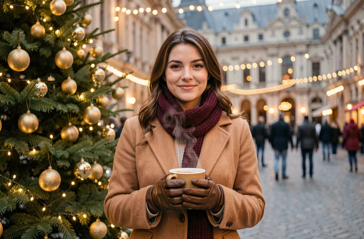 Jeune femme tenant un vin chaud devant le sapin de Noël de la Grand Place de Lille, entourée de l'ambiance festive du marché de Noël 2026