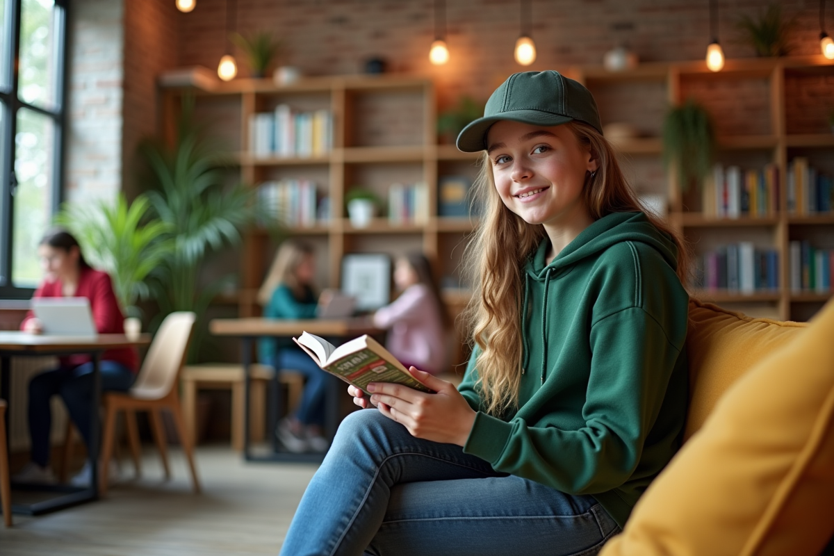 Fille avec sweat vert lisant un guide dans un hostel cosy