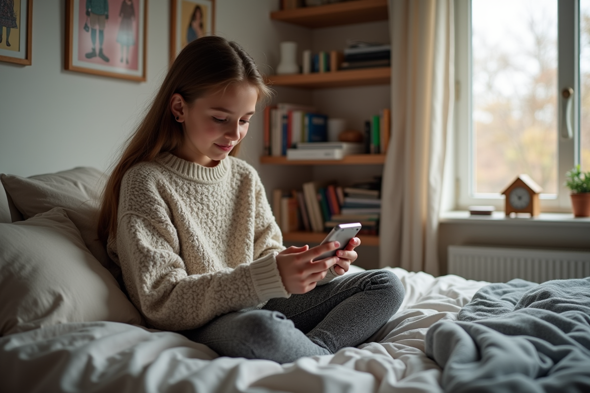 Jeune fille assise sur son lit en train de regarder son smartphone