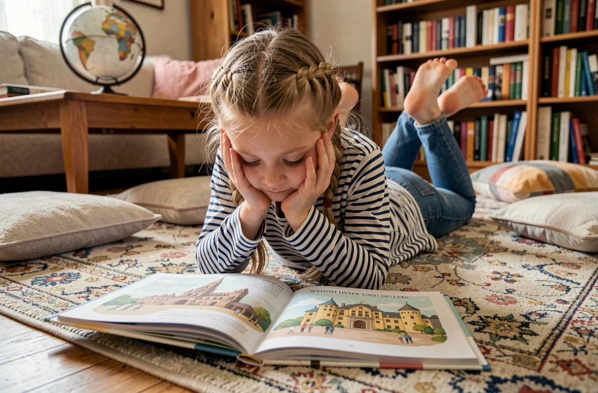 Fillette allongée sur un tapis lisant avec attention un grand livre illustré sur l'histoire de France dans un salon familial