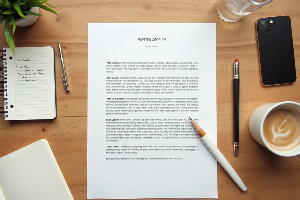 Vue de dessus d'un bureau avec une feuille imprimée de texte Lorem Ipsum, un crayon et un carnet de notes