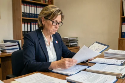 Fonctionnaire française examinant un dossier de demande de nationalité dans un bureau administratif officiel