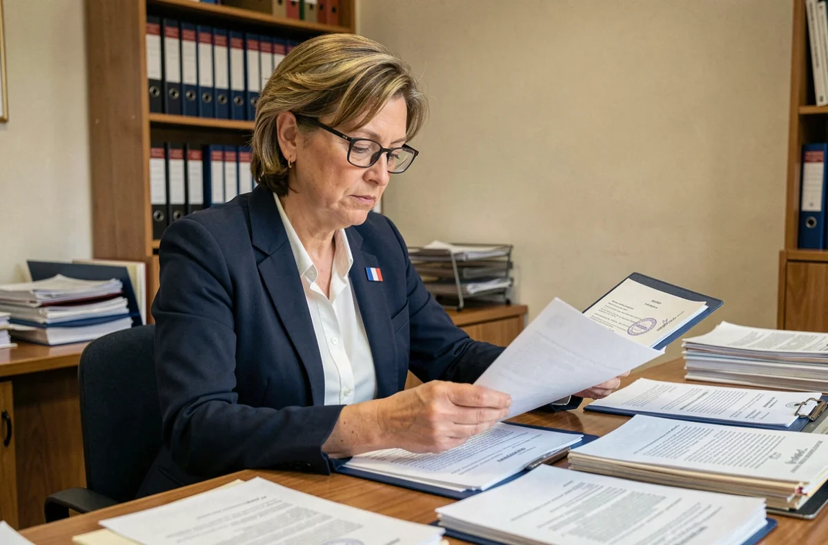 Fonctionnaire française examinant un dossier de demande de nationalité dans un bureau administratif officiel