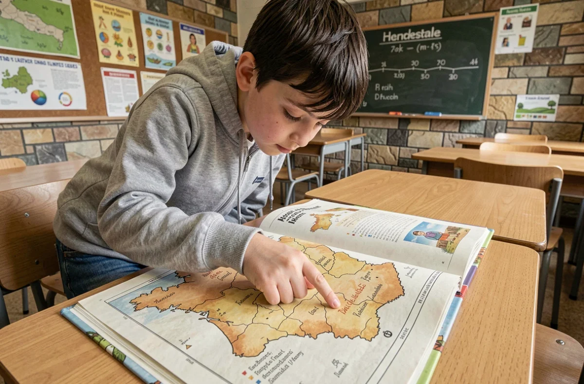 Garçon concentré découvrant une carte historique de la France dans un livre illustré posé sur un bureau d'école