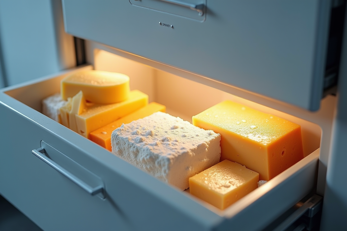 Bloc et tranches de fromage dans un tiroir congélateur scellés en sacs