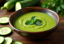 Soupe de courgette verte dans un bol avec légumes frais