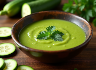 Soupe de courgette verte dans un bol avec légumes frais