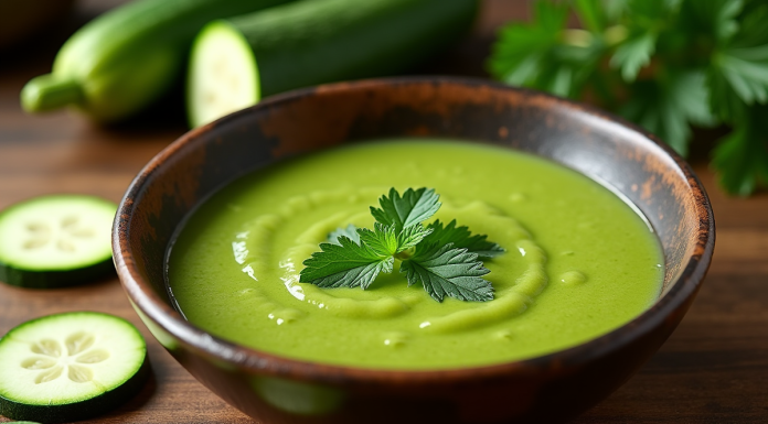 Soupe de courgette verte dans un bol avec légumes frais